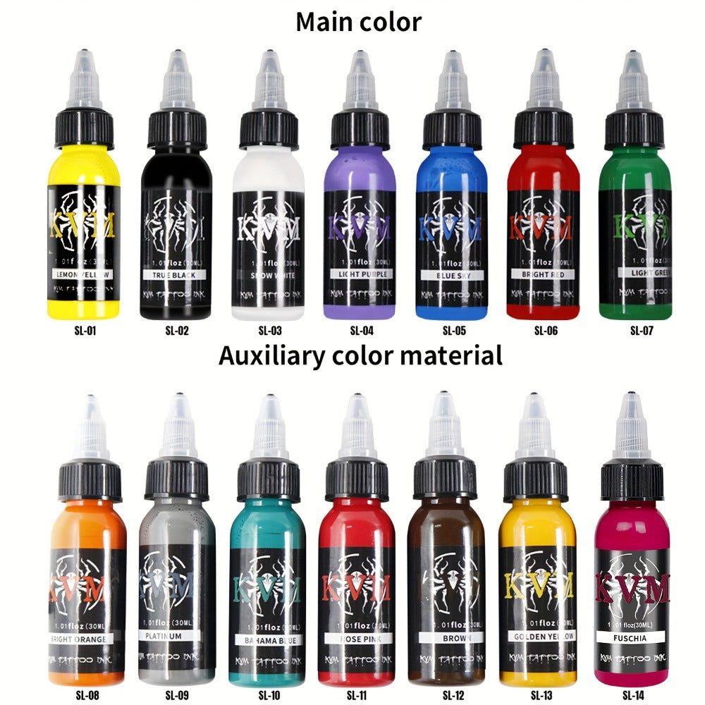 Tattoo Ink Set 1oz (30ml) - 7 or 14 Color Professional Tattoo Ink Kit, Stable Vibrant Pigments for Artists & Beginners, Complete Tattoo Color Supply for Machine & Gun