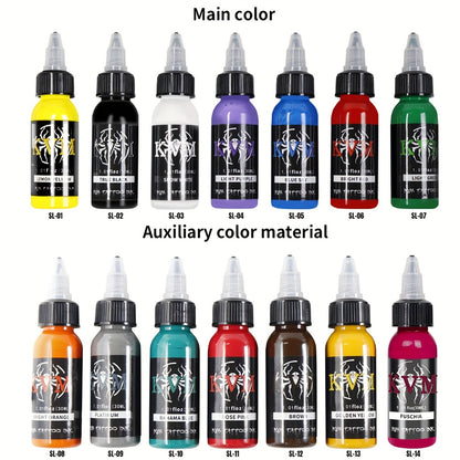 Tattoo Ink Set 1oz (30ml) - 7 or 14 Color Professional Tattoo Ink Kit, Stable Vibrant Pigments for Artists & Beginners, Complete Tattoo Color Supply for Machine & Gun