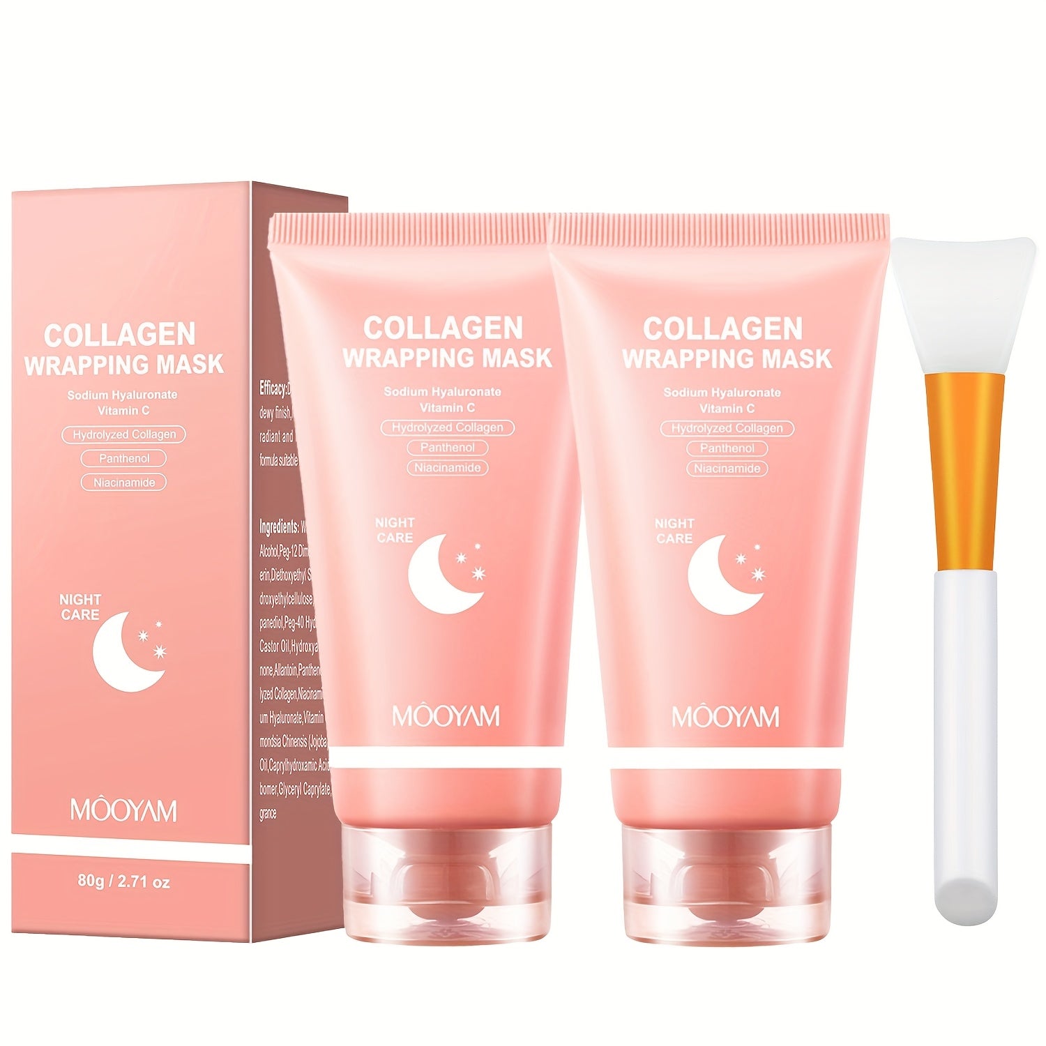 2pcs/3pcs Collagen Night Mask with Brush - Elasticity and Moisturizing Care, Contains Hydrolyzed Collagen, Niacinamide, Sodium Hyaluronate and Vitamin C - Korean Skincare Product Formulas, 2. 71oz
