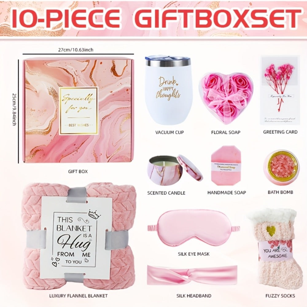 Bath Gift Set with Rose Scented Candles, Dried Flowers, Bath Salt Balls, Water Cups, Eye Masks, Gift Cards, Blankets, Soaps, Socks, Hair Ribbons, Can Be Used As Birthday, Christmas, Mother's Day, Valentine's Day Gifts for Family, Friends