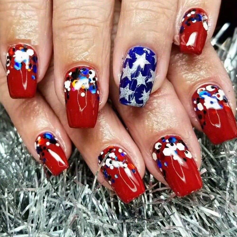 216pcs 4th of July Press On Nails - Red White Blue Stars Stripes Medium Coffin Acrylic Fake Nails, Full Cover Glossy Finish for Women, Patriotic Manicure Nail Art (9pcs), Festive Nail Designs, Festive Patterns, Striking Design Variety