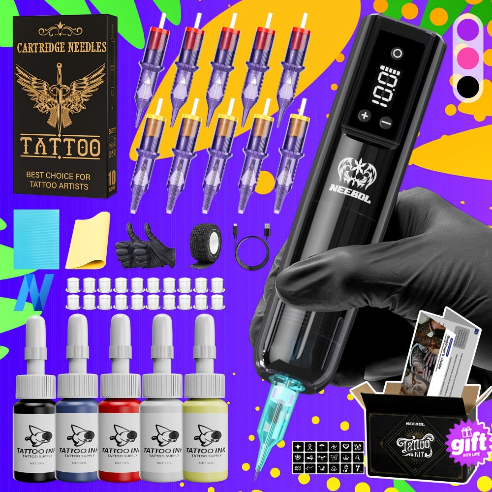 Neebol Tattoo Machine Kit Complete Set, Cordless Tattoo Pen with Screen Display, 6-8 Hours Battery, Wireless Rotary Tattoo Gun Set, 10/20 Tattoo Cartridge Needles, 7 Tattoo Inks, Full Tattoo Supplies for Beginners And Artists, Body Art Makeup Gift