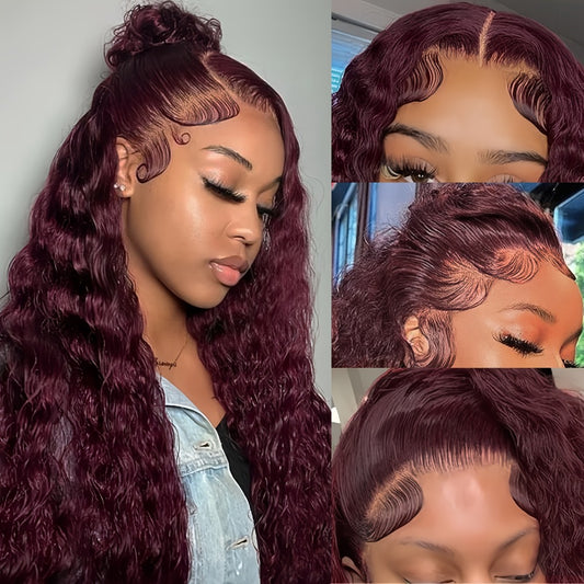 200% Density Burgundy Curly Deep Wave Frontal Wig Glueless HD Transparent Lace Front with Pre-Plucked Hair - 99J Bleached Knots Look Suitable for Women, Long-Lasting Volume & of Application
