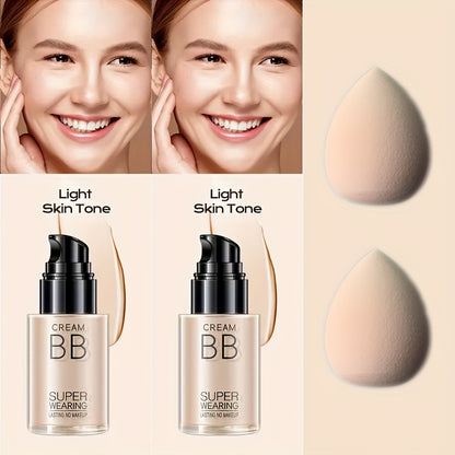 BB Cream Liquid Foundation Set 2Pcs with Makeup Sponge - Flawless Long-Lasting Medium Coverage Moisturizing Skin-Isolating Concealer for All Skin Types Women Natural & Light Beige Shades