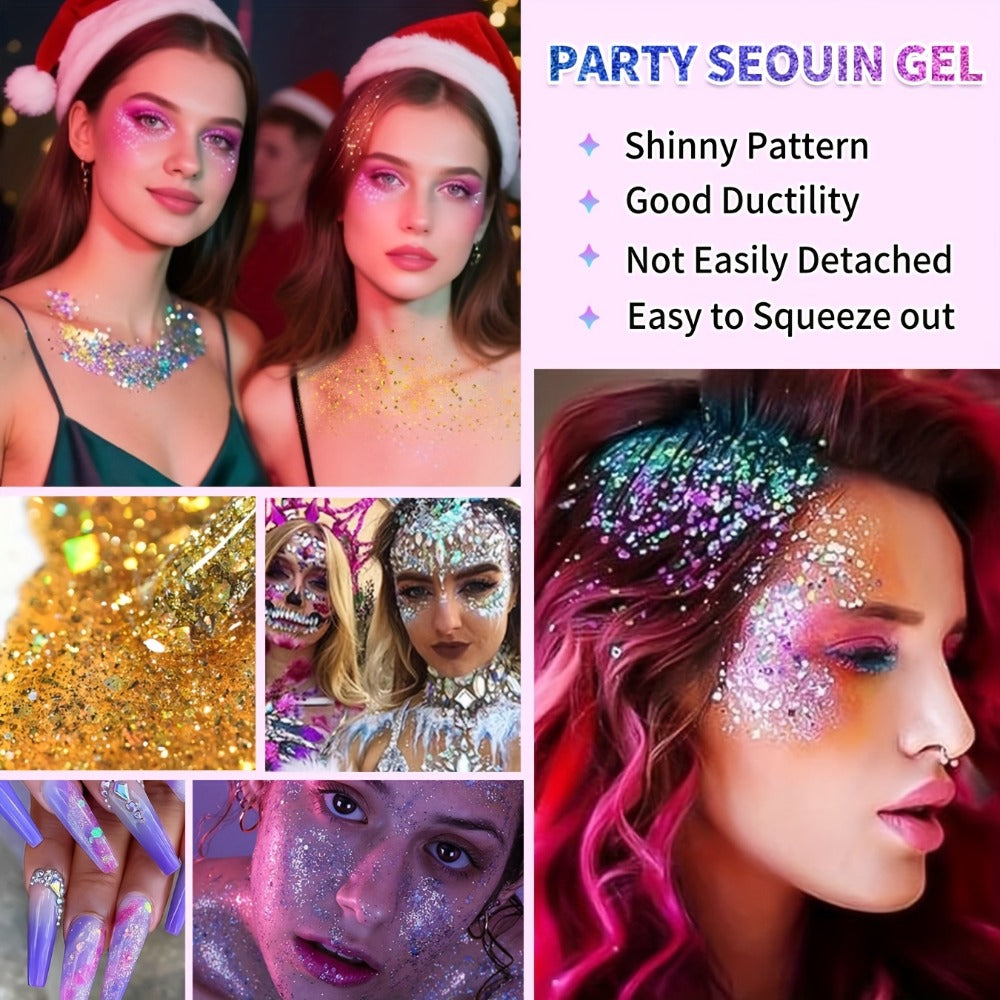 30pcs/box Face Glitter, Body Glitter, Transparent White Glitter Gel, Hair Glitter Gel, Various Shapes Colorful Glitter, Mermaid Sequin Makeup, Face Painting, Women'S Thick Shiny Glitter Gel Gift Se