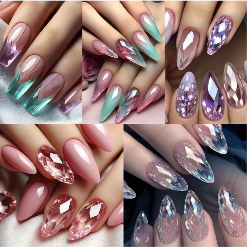 120 pieces of mixed color almond shaped nail tip, medium length design, gradient gloss - includes jelly glue and nail file