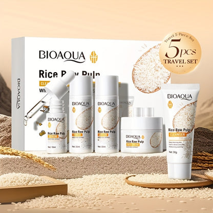 Rice Skincare Set 5pcs Mini Travel Size Rice Raw Pulp Moisturizing Facial Care - Cleanser Toner Essence Cream Lotion for Women Brightening Hydrating Routine