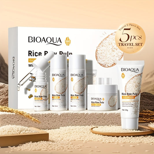 5pcs/Set Rice Light Beige Care Set, Rice Raw Pulp Skin Care Set, 5pcs Moisturizing Facial Care Set for Women, Rice Shampoos Facial Light Beige Care Set, Including Rice Cleanser, Toner, Essence, Cream, Lotion. Mini Travel Size