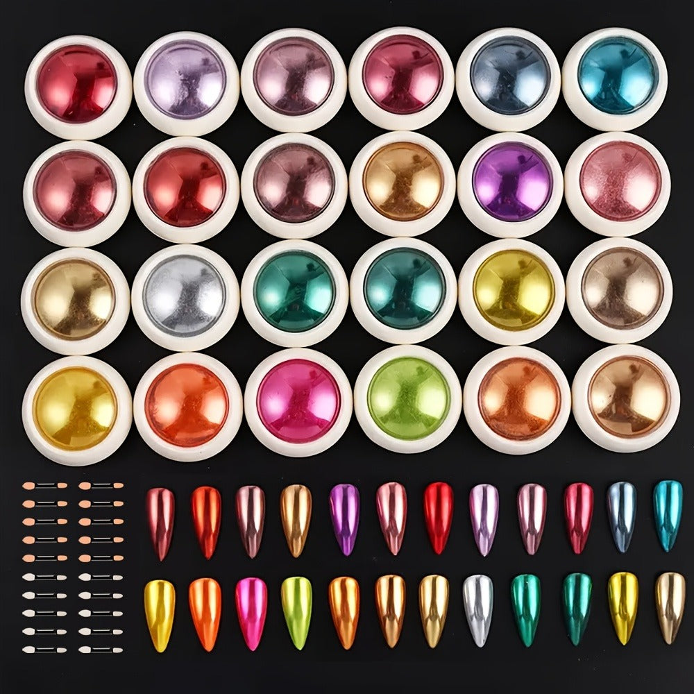 Magic Mirror Nail Art Powder 24 Colors Holographic Chrome Metallic Effect Reflective Glazed Manicure Decoration Rubbing Glitter Non-Discoloring Set