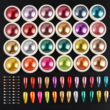 Magic Mirror Nail Art Powder 24 Colors Holographic Chrome Metallic Effect Reflective Glazed Manicure Decoration Rubbing Glitter Non-Discoloring Set
