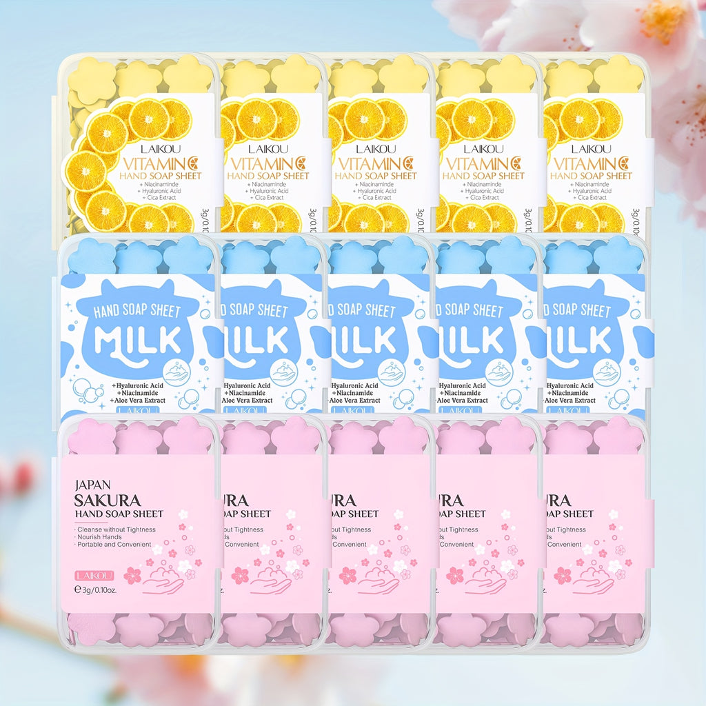 Set of 15 Disposable Soap Paper Boxes, Featuring 5pcs Each of Milk, Vitamin C, And Sakura Hand Wash Soap, Designed with a Gentle Formula, Perfect for Travel, Outdoor Activities, And Camping.