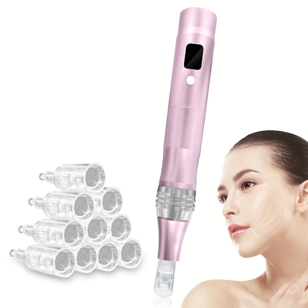 Electric Microneedling Pen 6-Speed Wireless Aluminum Alloy Derma Pen 0.25mm Replacement Heads USB Rechargeable At-Home Skin Renewal Device