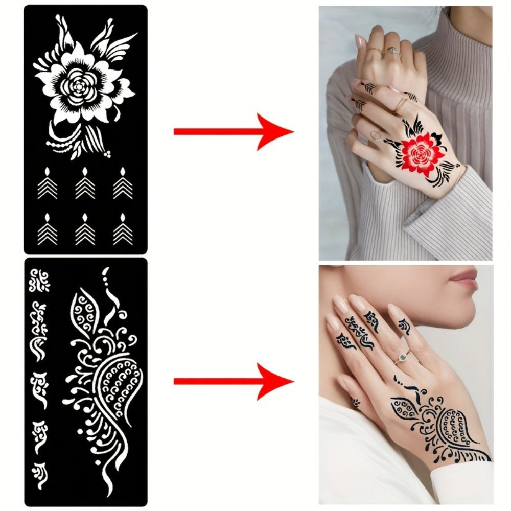 9 Reusable Temporary Tattoo Templates for Arms, Hands, Navels, Legs, Large Flower Tattoo Supplies, Stone Glitter Airbrush Painting Templates for DIY Fake Tattoos for Parties