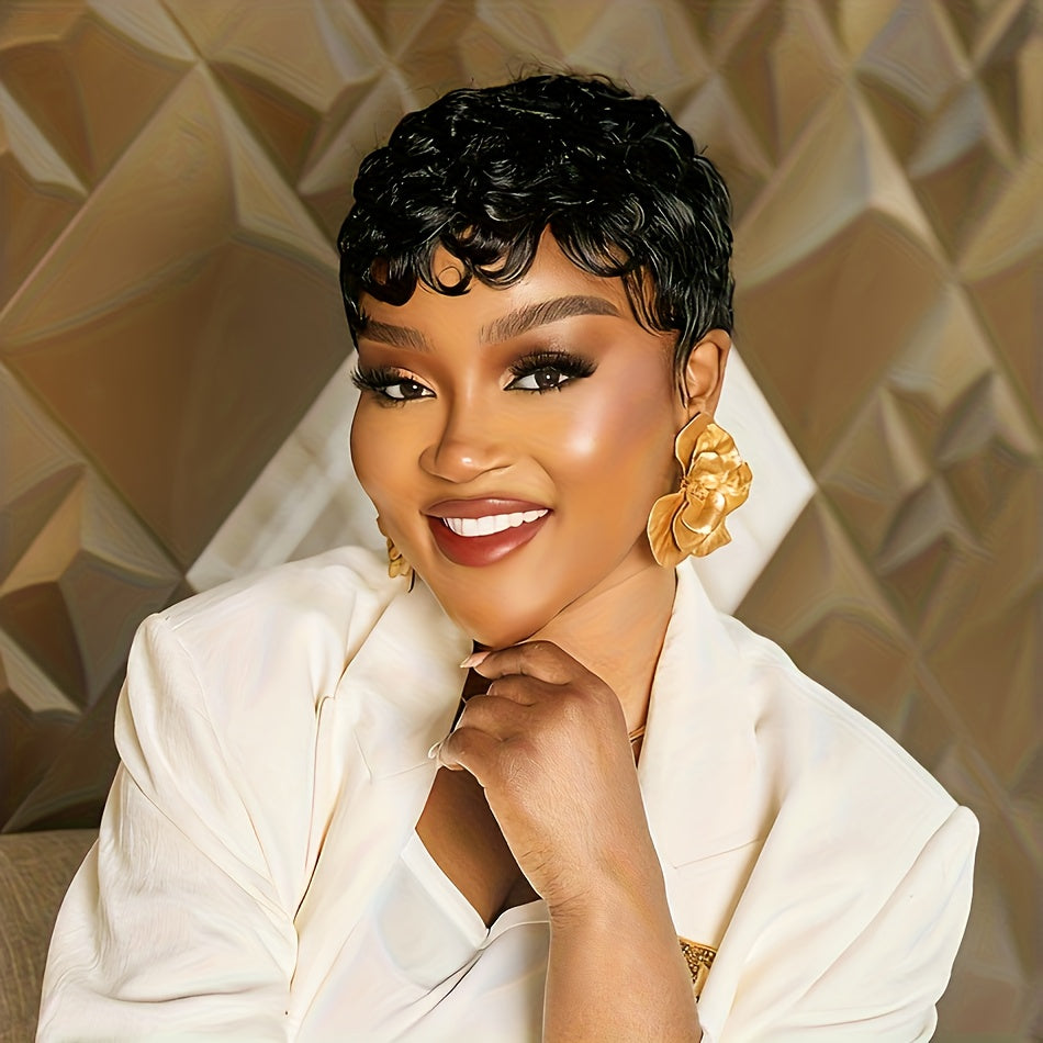 Brazilian Remy Human Hair Wig - Short Curly Pixie Cut with Bangs, 180% Density Glueless Natural Black Bob Wig, Layered Loose Curly Hairpiece for Caucasian/Black/African Descent, Machine-Made for Comfortable Daily Wear & Low