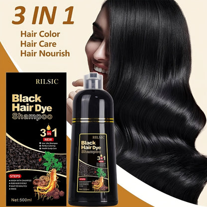 Hair Dye Shampoo 16.91oz — 3-in-1 Herbal Formula with Plant Squalane for Instant Gray Coverage, Color & Care | Fluffy & Smooth Finish | Men & Women
