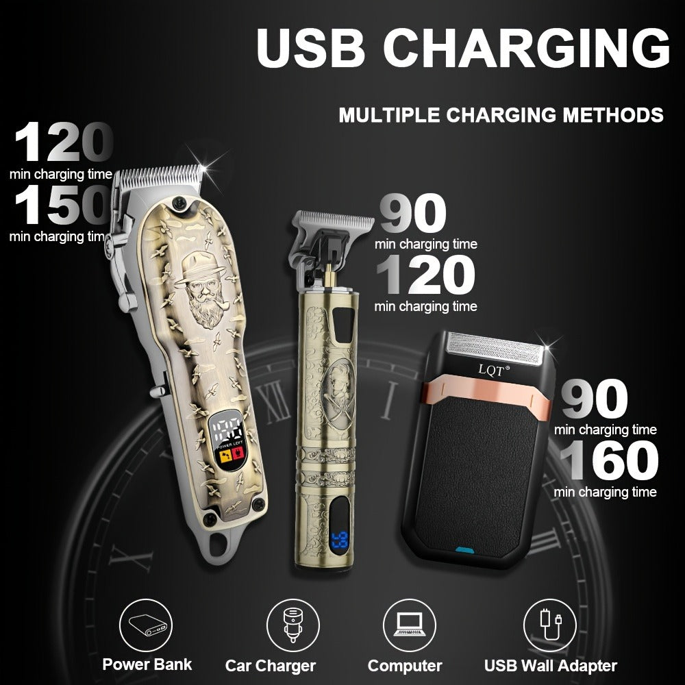 Electric Hair Clipper Set for Men LQT USB Charging 2000mAh with Engraving Scissors Metal Digital Display - 2 or 3 Piece Barber Kit for Home & Salon Bronze Gift