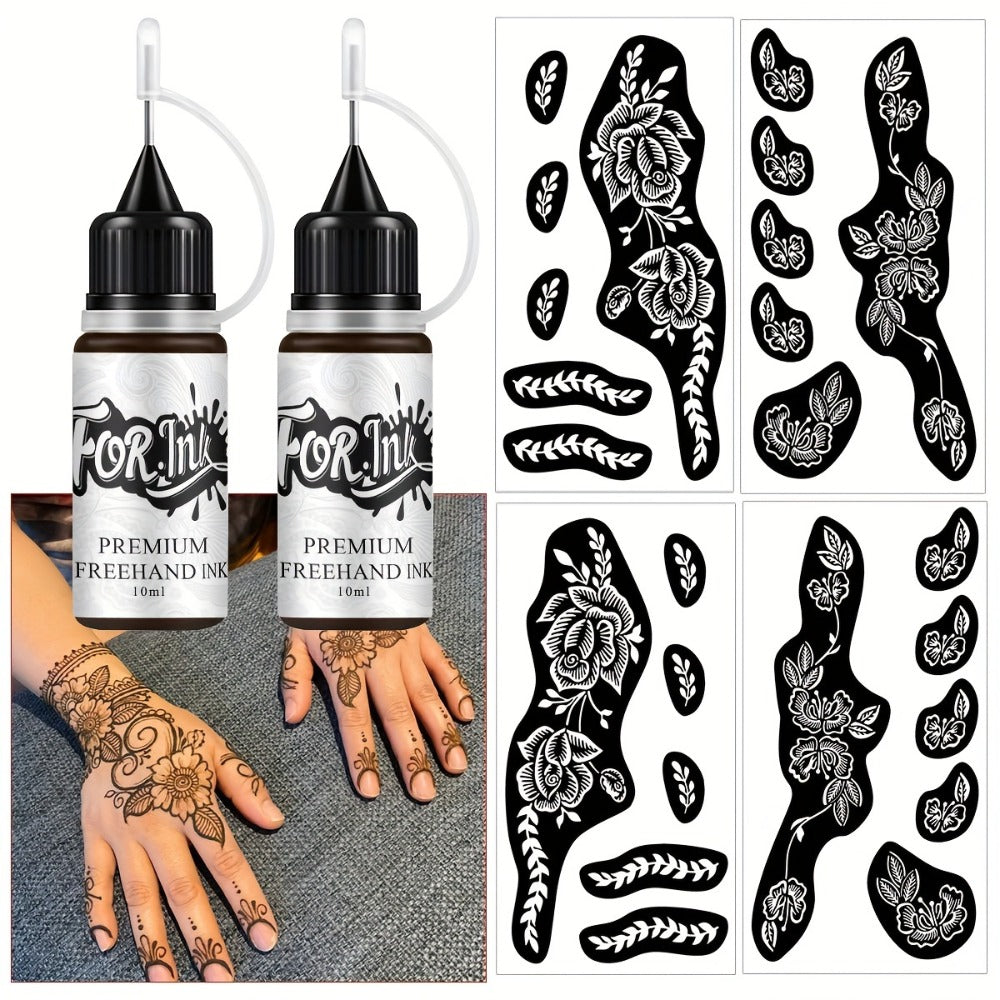 for. INK Premium Body Art Stencils: 2-Pack with Coffee Dye Ink And Flash Spray - Hollow Templates for DIY Freehand Ink Tattoos Designs