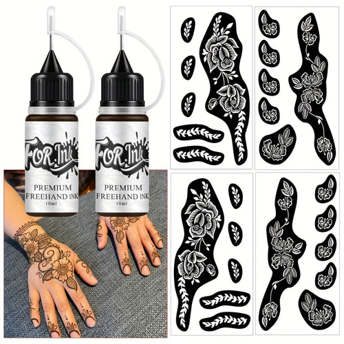 Body Art Tattoo Stencil Kit with Brown Paste Ink & Flash Spray - Hollow Template DIY Freehand Temporary Tattoo Designs 2-Pack SM-16 SM-17