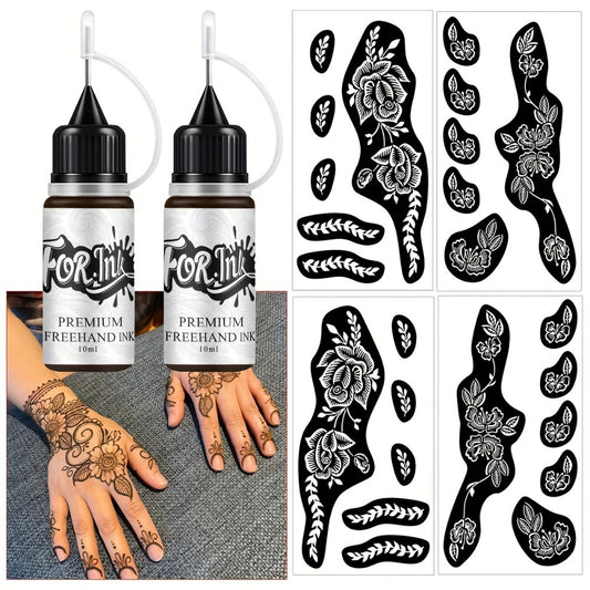 for. INK Premium Body Art Stencils: 2-Pack with Coffee Dye Ink And Flash Spray - Hollow Templates for DIY Freehand Ink Tattoos Designs
