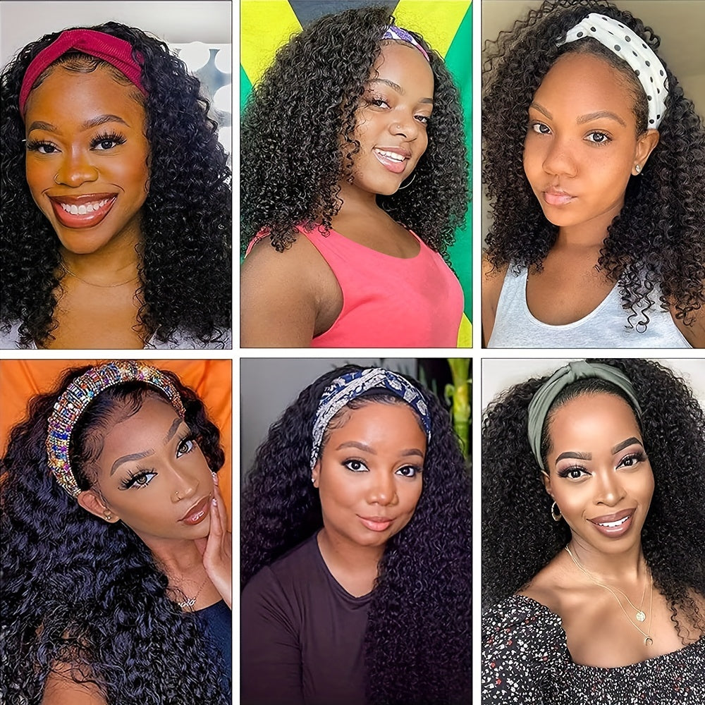 Headband Wig Human Hair Kinky Curly Human Hair Wigs No Lace Wigs Glueless Wig Human Hair Full Machine Made Brazilian Human Hair Wigs for Women 180% Density