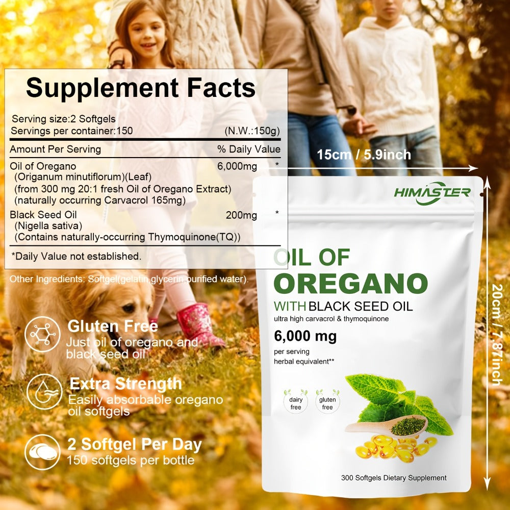 Oil Of Oregano Softgels Per Serving, 300 Count, 2in 1 Formulated with Black Seed Oil Plant Based, with Ultra-High Carvacrol & Thymoqione Content, for Fitness, Maximally Absorbed with Ideal Pairing Per Servingherbal Equivalent, Preferred Gift