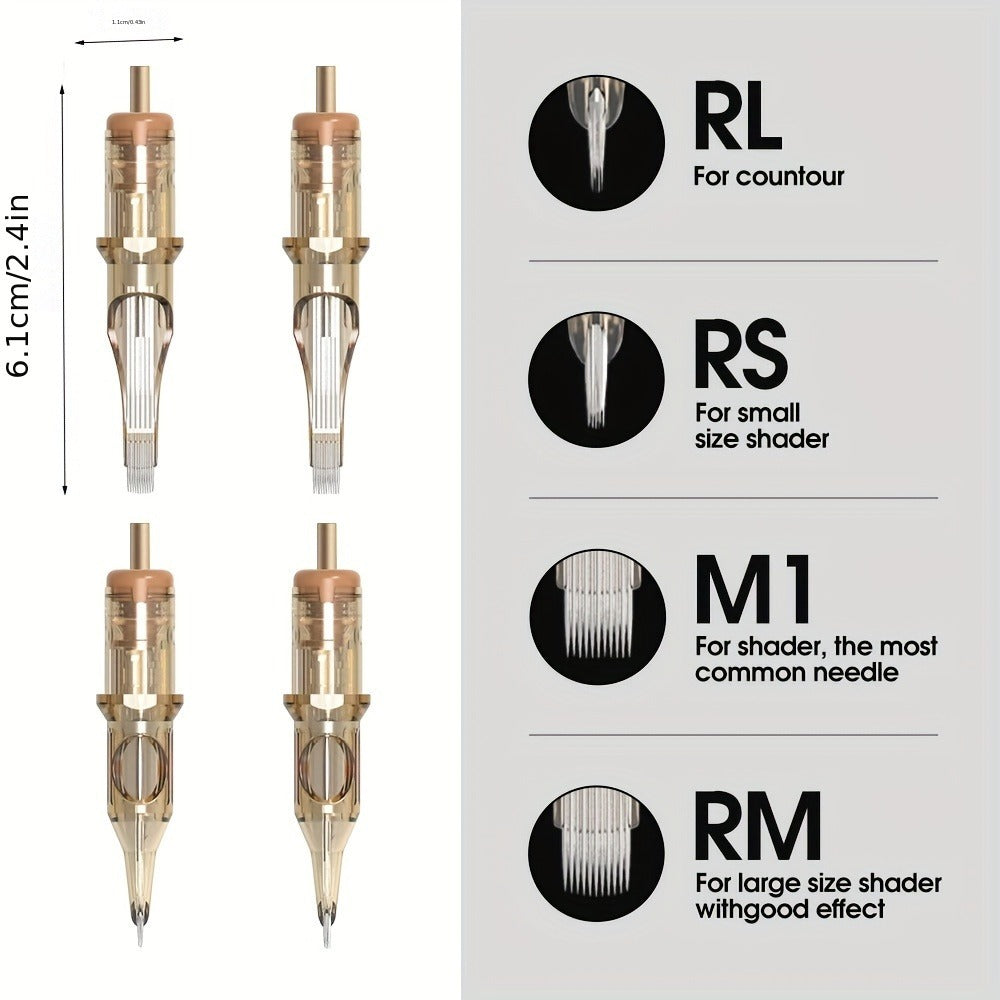 Box of 20 Ambition Tattoo Cartridge Needles in RL/RS/RM/M1 Sizes, Designed for Micropigmentation. These Disposable Needles Are Sterilized for Safe Use with Tattoo Machines