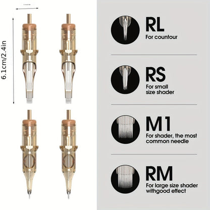 Tattoo Cartridge Needles 20pcs by Ambition – RL RS RM Sizes for Tattoo PMU & SMP | Disposable Sterilized Cartridges with Safety Membrane for Tattoo Machines
