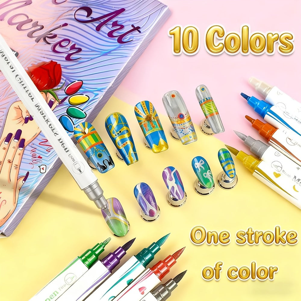 10 Colors 3D Nail Art Pens DIY Set, Double Ended Metallic Nail Marker Pens Graffiti Dotting Drawing Painting Liner Pen, Quick-Drying Acrylic Paint Pen for Home Salon Quickly Dry Nail Art