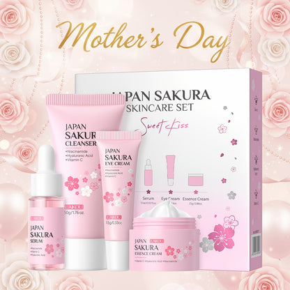 Sakura Skincare Gift Set 4pcs Niacinamide Serum Eye Cream Moisturizer Foam Cleanser - Brightening Uneven Complexion Hydrating Routine Mother's Day Gift for Women