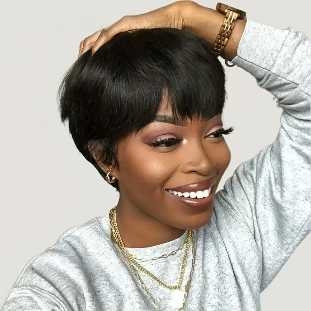 Women'S Pixie Cut Wig with Bangs, Human Hair, Straight, Non-Lace, Rose Net Cap, 180% Density, Machine Made, Glueless, Suitable for African Women - Basic Style