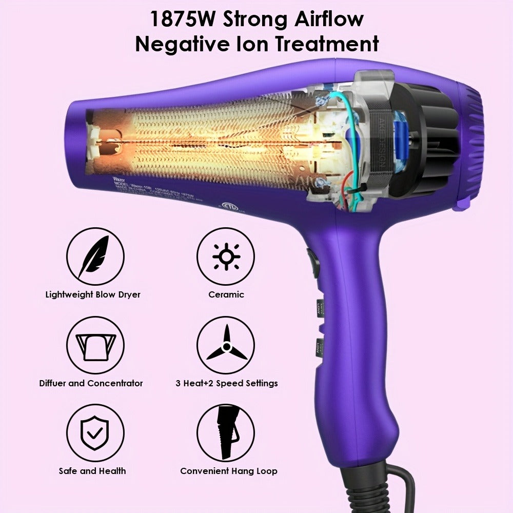 3Rd Generation Lightweight Low Noise Hair Dryer, 1875W Ceramic Negative Ionic Blow Dryer And 2-Speed 3-Heat Settings Cool Shot with Diffuser Concentrator Comb, Hair Dryers for Women, for Women Gifts, Best Gifts (Purple)