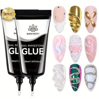 Rhinestone Glue Gel 2pcs Strong Bond 1.01oz Each – Professional Nail Charm Adhesive for 3D Gems, Crystals & Bling Decorations, Long-Lasting Water-Resistant Clear Gel Formula for DIY & Salon Nail Art