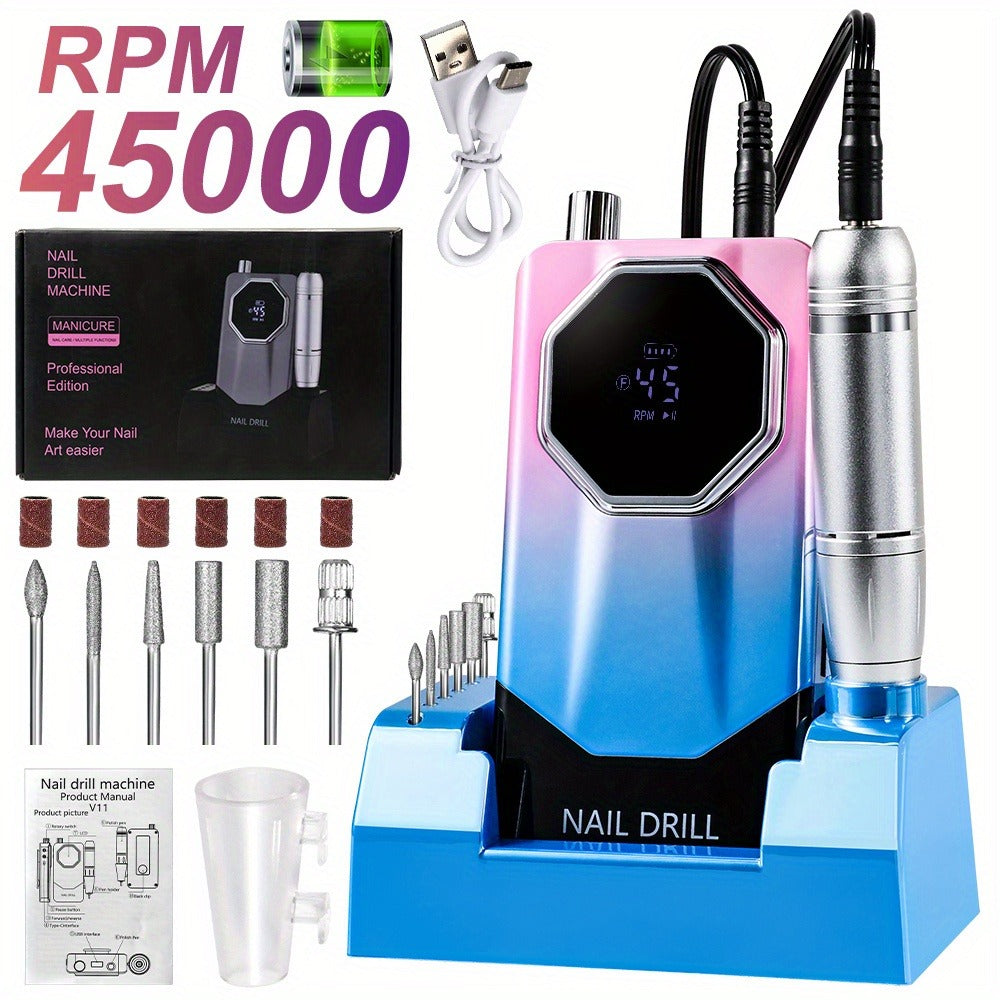 45000RPM Electric Nail File Kit | Portable Nail Drill for Acrylic Nails Gel Polishing Removing, Professional Rechargeable Electric Nail E File Kit for Manicure Salon Home, USB Powered, LCD Display, Brushed Motor, Plastic Material