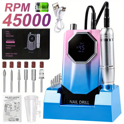 Professional Electric Nail File Kit 45000 RPM LCD Display USB Rechargeable Portable Nail Drill for Acrylic Gel Polishing Removing Manicure Salon Home Gradient Grey White