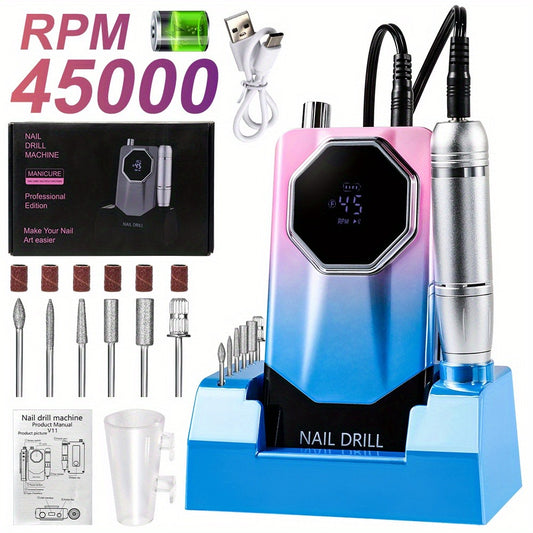 45000RPM Electric Nail File Kit | Portable Nail Drill for Acrylic Nails Gel Polishing Removing, Professional Rechargeable Electric Nail E File Kit for Manicure Salon Home, USB Powered, LCD Display, Brushed Motor, Plastic Material