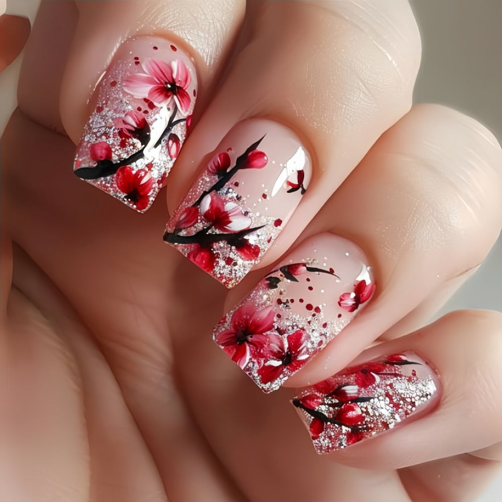 120pcs 5pcs Mixed Color System Nail Art Set, Glossy Finish, Square, Medium Length, Floral and Striped Patterns, Spring/Summer Removable Nail Art Stickers
