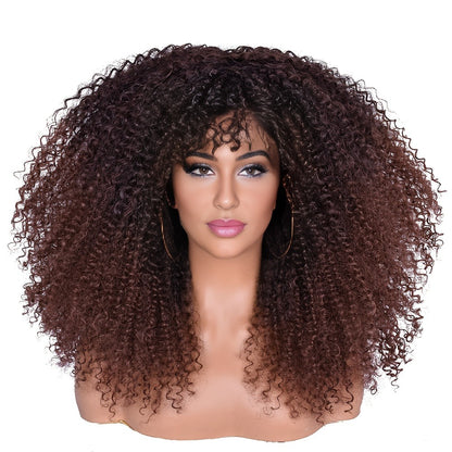 Afro Kinky Curly Wig with Bangs 18 Inch — Glueless Long Synthetic Heat Resistant Hair, Machine Made Natural Afro Bomb Curl Wig in Ombre Blonde Brown Red Black for Women