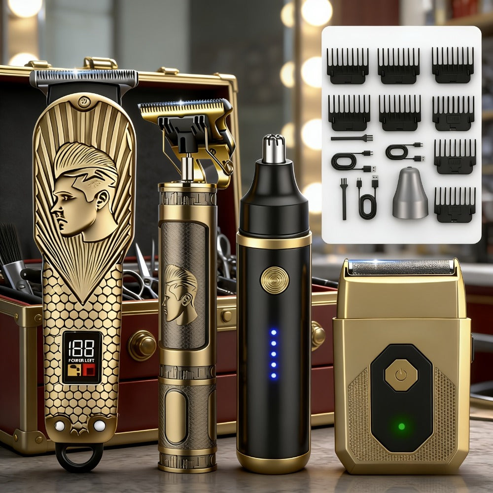 4pcs Professional Barber Clippers and Trimmer Set | Nose Hair Trimmer, Detail Trimmer with Guide Comb, LED Display, USB Powered, Rechargeable Battery, ABS Plastic Housing, Ideal Gift for Husband/Boyfriend/Elders, Home & Travel Use