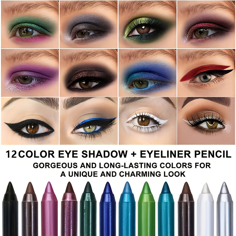 12 eyeliner pens with pencil sharpener set 2in 1 color makeup eyeliner pen eye shadow waterproof and sweat resistant long-lasting beauty solution Perfect gift for Mother's Day