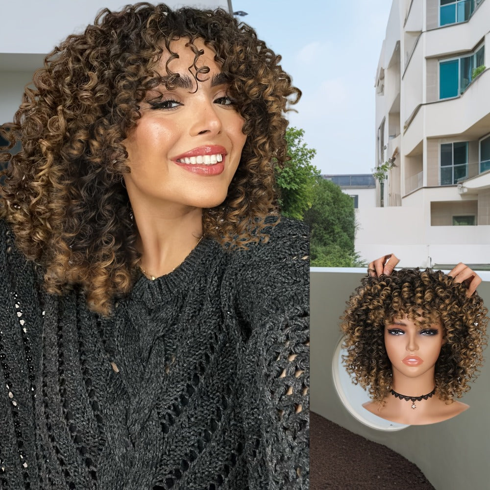 Afro Kinky Curly Wig for Black Women — Short Synthetic Wig with Bangs, 180% High Density, Natural Fluffy Curls, Stretch Cap, Daily Wear & Party, Fits All Head Sizes