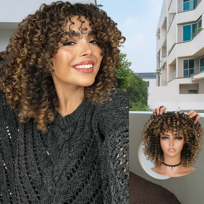 Afro Kinky Curly Wig for Black Women — Short Synthetic Wig with Bangs, 180% High Density, Natural Fluffy Curls, Stretch Cap, Daily Wear & Party, Fits All Head Sizes