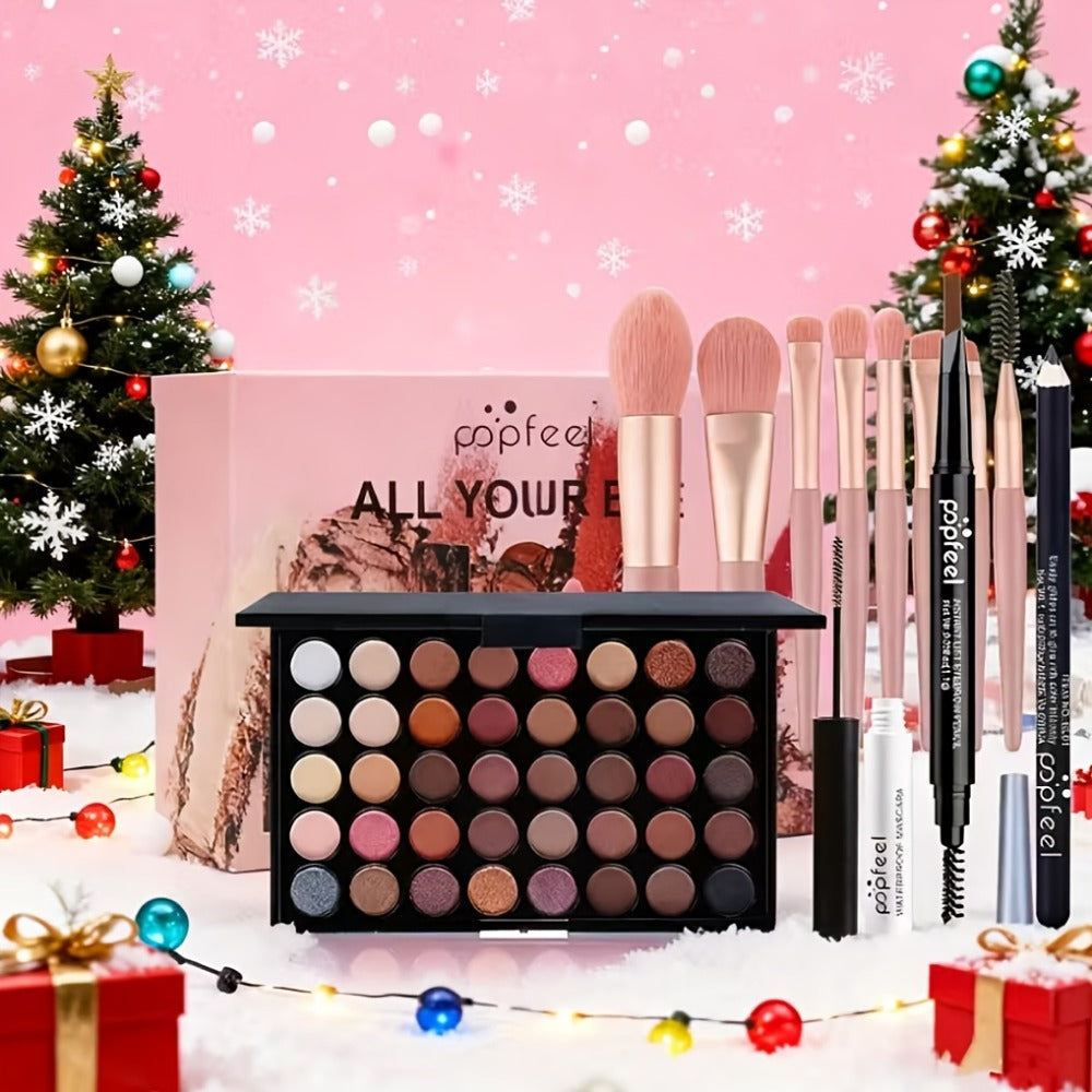 Full Makeup Gift Set — Complete Kit with Eyeshadow Palette Mascara Eyebrow Pencil Highlighter Powder & Brushes | Berry Tones | All Skin Types