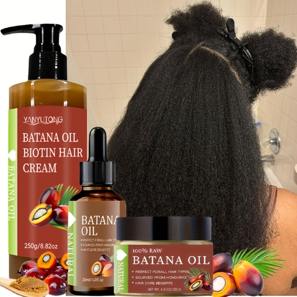 Batana Oil Set 3-Piece from Honduras - Dr. Sebi Cold Pressed Unrefined Batana Oil, Hair Mask & Carrier Oil, Deep Moisture, Prevents Breakage, Dry Hair