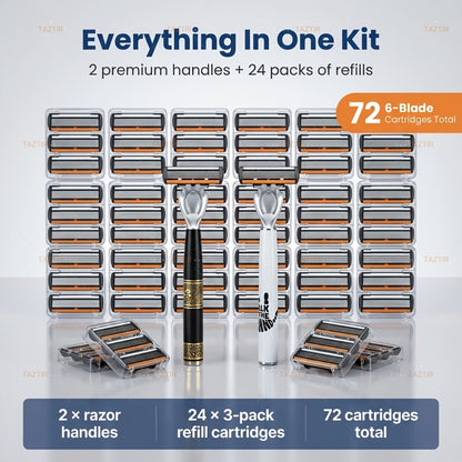 Luxury Men's Razor 6-Layer Blades — 2 Ergonomic Handles & 72 Replaceable Blades, Precision Shaving Kit, Christmas & Valentine's Day Gift for Men