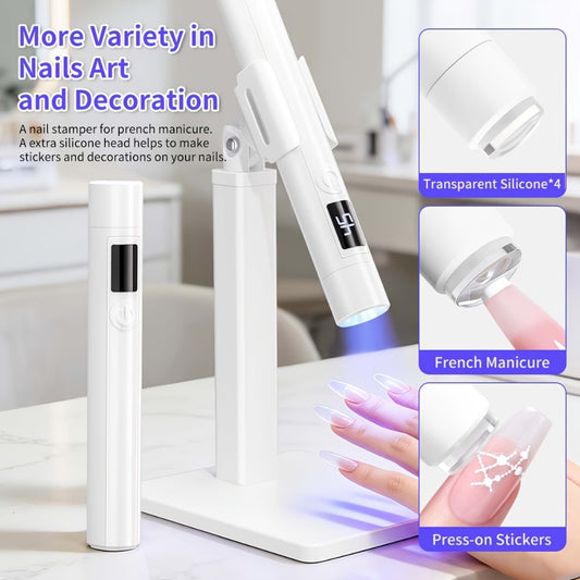 Portable LED Nail Stamper Lamp with 4 Heads, DIY French Manicure & Nail Sticker Decor Kit, One-Step for Press-on Stickers & Nail Art, Rechargeable Home Travel Manicure Set, Gift for Beginners