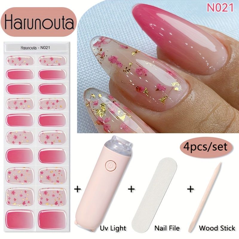 Harunouta 20strips Semi Cured Gel Nail Strips Set with Hand Held Nail Lamp Kit Gel Nail Stickers Glitter Flower Gel Nail Wraps Gel Polish Stickers Nail Art Manicure for DIY Nails Home Use Nails