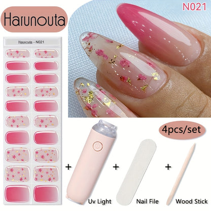 Semi Cured Gel Nail Strips Kit — 20 Strips with Handheld LED Nail Lamp, Gel Nail Stickers Wraps for DIY Nail Art Manicure at Home, Glitter Flower Designs, Easy Apply & Long-Lasting Gel Polish Effect