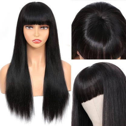 Long Straight Black Wig with Bangs 26 Inch Heat Resistant Synthetic Hair Full Machine Cap Women Cosplay Halloween Party Daily Wear Sleek Dramatic Lightweight