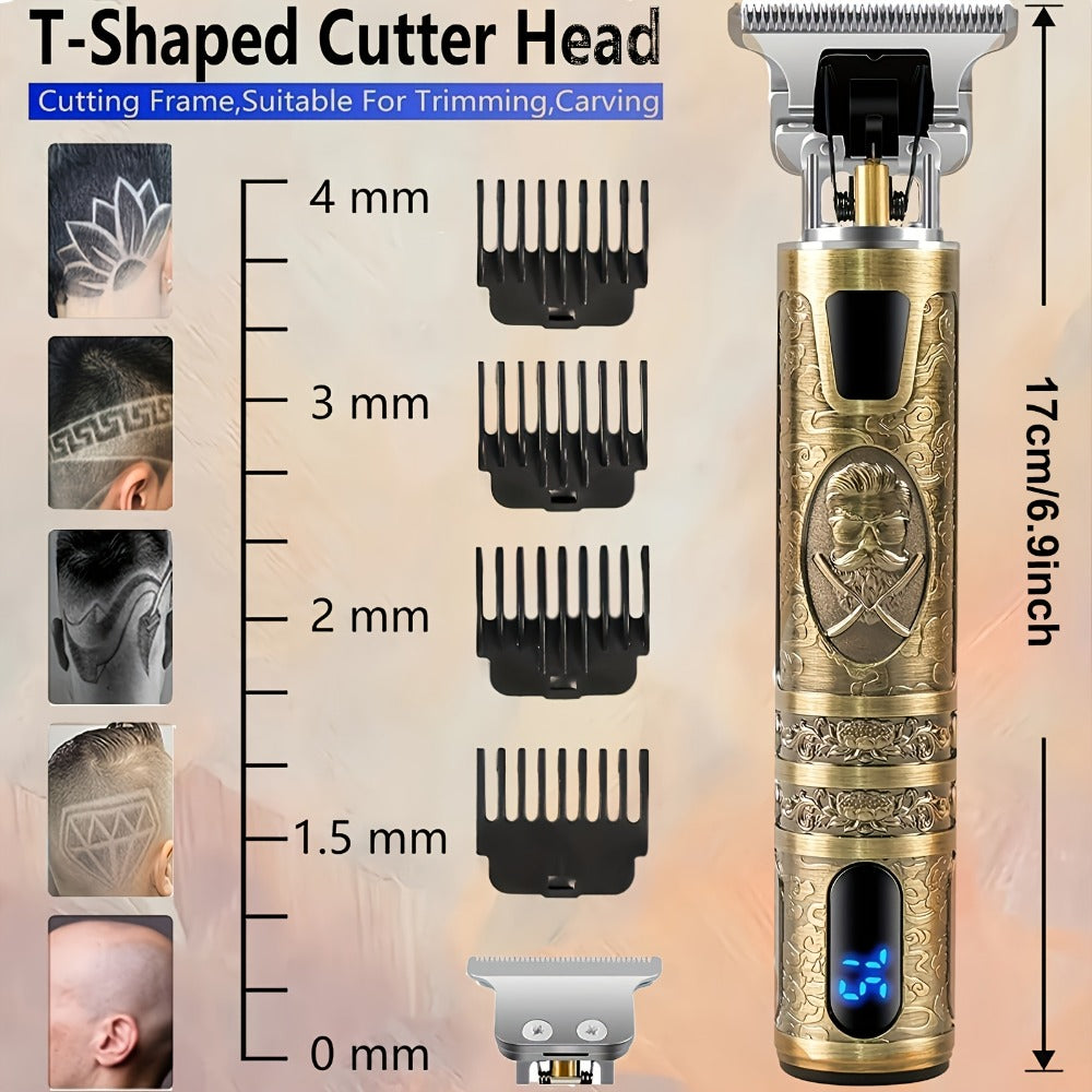 T-Blade Hair Trimmer for Men - LED Display USB Rechargeable 2000mAh, Vintage Dragon & Mustache Design, 4 Combs, Cordless Precision Grooming Kit, Holiday Gift