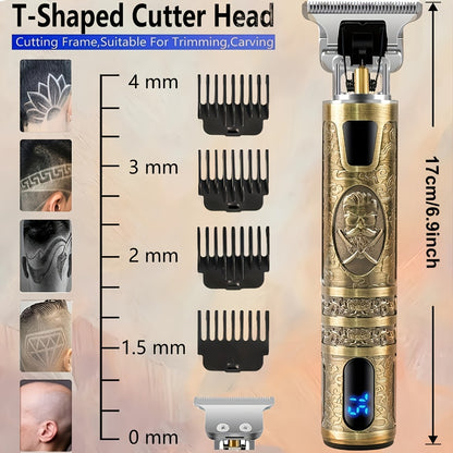 T-Blade Hair Trimmer for Men - LED Display USB Rechargeable 2000mAh, Vintage Dragon & Mustache Design, 4 Combs, Cordless Precision Grooming Kit, Holiday Gift